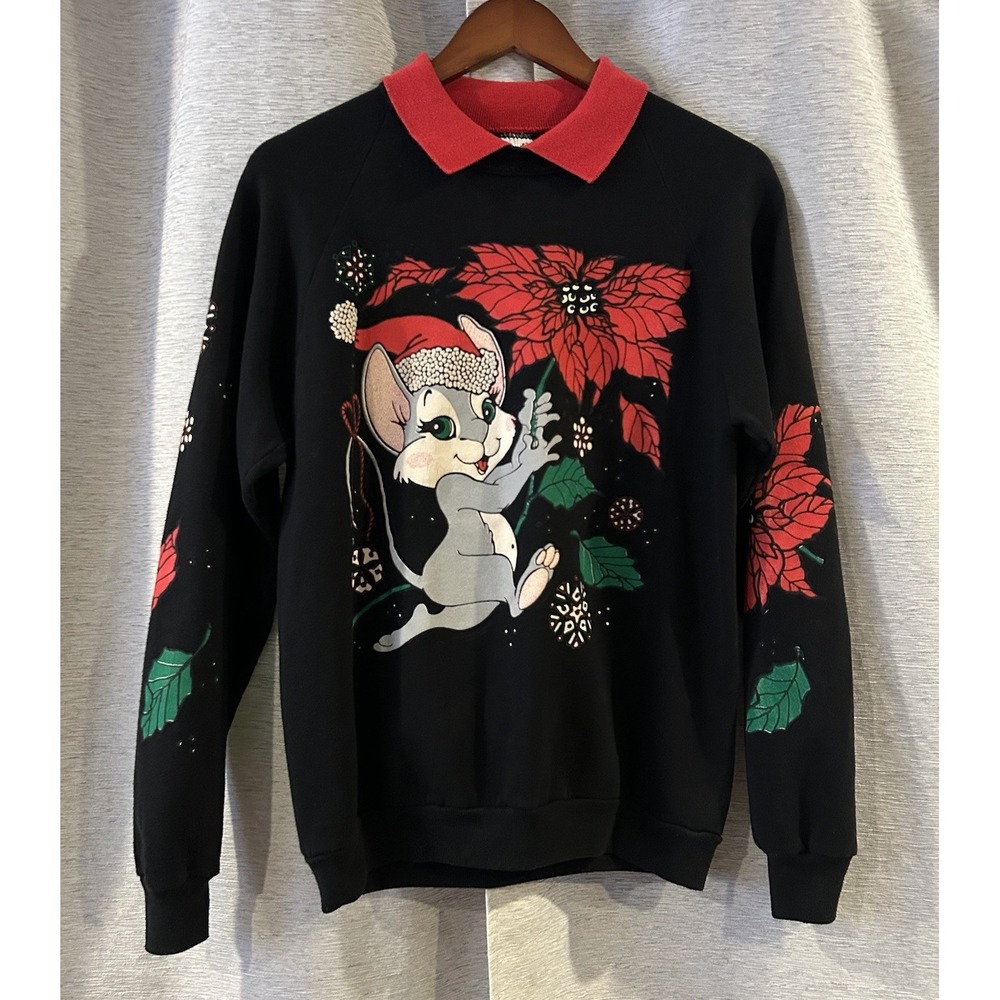 VTG 90s Mouse Christmas Print Sweatshirt‎ Adult L Black Jerzees Tag Holiday USA